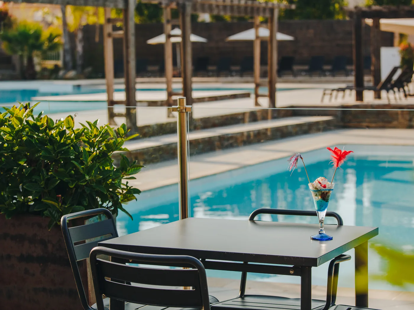 Cocktail servi en terrasse au bord de la piscine du camping Le Campoloro